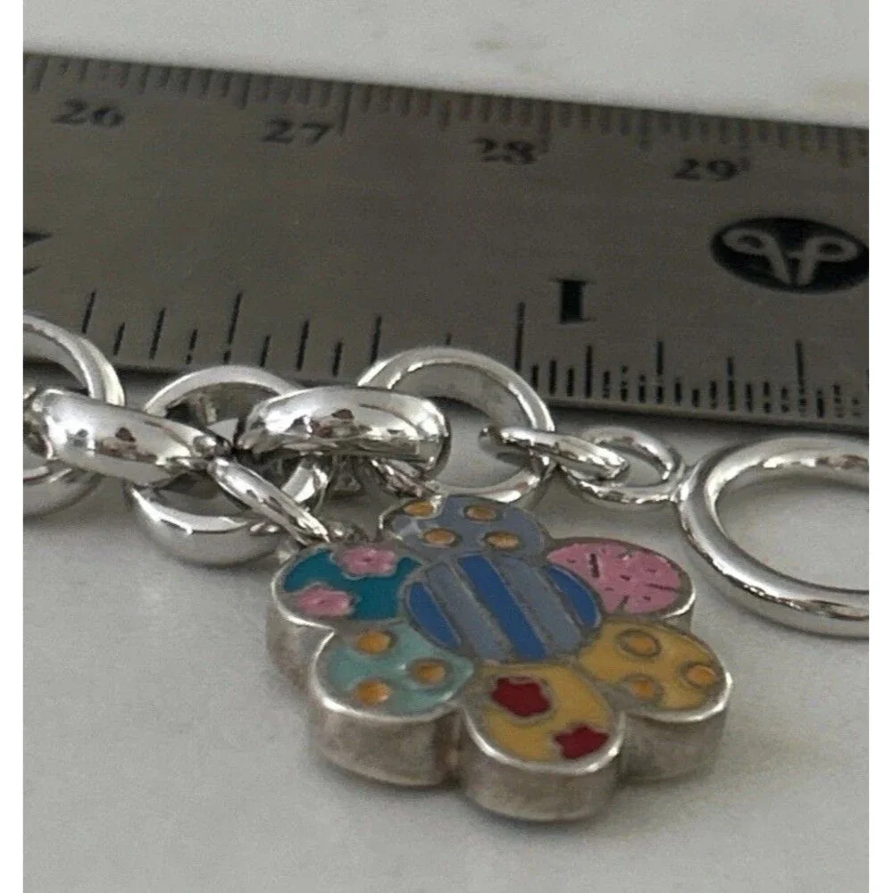 Romero Britto Sterling Silver Enamel Flower Charm On 925 Link Bracelet Art Basel
